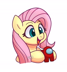 Size: 2949x3136 | Tagged: safe, artist:handgunboi, character:fluttershy, species:pegasus, species:pony, g4, among us, crewmate, cute, female, happy, mare, open mouth, shyabetes, simple background, solo, white background