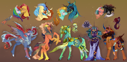 Size: 2300x1120 | Tagged: safe, artist:bunnari, character:autumn blaze, character:flash magnus, character:king sombra, character:lightning dust, character:princess skystar, character:queen chrysalis, character:rainbow dash, character:somnambula, oc, oc:fire coral, oc:mal augurio, oc:silver sparrow, oc:soñadora oscura, oc:wasp zap, parent:autumn blaze, parent:flash magnus, parent:king sombra, parent:lightning dust, parent:princess skystar, parent:queen chrysalis, parent:rainbow dash, parent:somnambula, parents:dashmagnus, species:changeling, species:classical hippogriff, species:hippogriff, species:pegasus, species:pony, species:umbrum, species:unicorn, ship:autumnstar, ship:dashmagnus, g4, my little pony: the movie (2017), changeling queen, cutie mark, female, horn, lesbian, magical lesbian spawn, male, offspring, rearing, shipping, spread wings, straight, wings