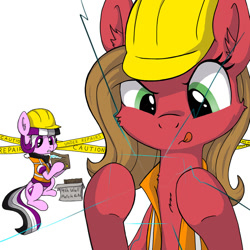 Size: 800x800 | Tagged: safe, artist:zoarvek, oc, oc:ace, oc:pun, species:earth pony, species:pony, ask pun, g4, ask, female, fourth wall, hard hat, hat, mare