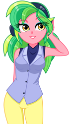 Size: 806x1388 | Tagged: safe, artist:rosemile mulberry, character:lemon zest, species:eqg human, g4, my little pony:equestria girls, alternate costumes, alternate hairstyle, clothing, cute, eyeshadow, female, hand on head, headphones, makeup, pants, raised eyebrow, simple background, solo, transparent hair, vest, white background, zestabetes