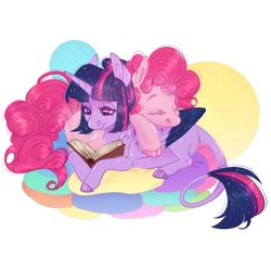 Size: 1080x1080 | Tagged: safe, artist:sadelinav, character:pinkie pie, character:twilight sparkle, character:twilight sparkle (alicorn), species:alicorn, species:earth pony, species:pony, ship:twinkie, g4, alternate hairstyle, book, colored hooves, cute, duo, duo female, eyes closed, female, folded wings, leonine tail, lesbian, looking at something, lying down, mare, pillow, pony pile, prone, reading, shipping, short hair, simple background, sleeping, smiling, sparkles, sparkling mane, three quarter view, two toned wings, white background, wings