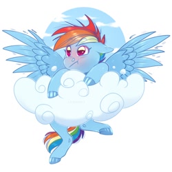 Size: 1080x1080 | Tagged: safe, artist:sadelinav, character:rainbow dash, species:pegasus, species:pony, g4, :t, blushing, cloud, colored hooves, female, floppy ears, looking away, mare, on a cloud, simple background, sky, solo, spread wings, three quarter view, white background, wings