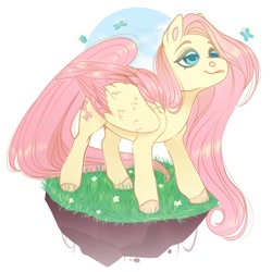 Size: 900x900 | Tagged: safe, artist:sadelinav, character:fluttershy, species:pegasus, species:pony, g4, butterfly, colored hooves, cute, female, floating island, folded wings, lidded eyes, looking at something, looking up, mare, shyabetes, simple background, solo, standing, three quarter view, two toned wings, watermark, white background, wings