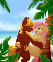 Size: 2550x3000 | Tagged: safe, artist:evlass, character:fluttershy, oc, oc:soul harmony, species:pegasus, species:pony, g4, against tree, beach, bedroom eyes, canon x oc, commission, cute, female, high res, looking at each other, male, ocean, palm tree, sailboat, sex on the beach, shipping, soulshy, straight, tree