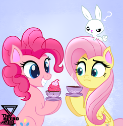 Size: 2100x2151 | Tagged: safe, artist:theretroart88, character:angel bunny, character:fluttershy, character:pinkie pie, species:earth pony, species:pegasus, species:pony, g4, :i, cup, food, frosting, pinkie being pinkie, sprinkles, tea, teacup