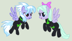Size: 2210x1264 | Tagged: safe, artist:jadethepegasus, artist:melodysweetheart, base used, character:cloudchaser, character:flitter, species:pegasus, species:pony, episode:the washouts, g4, my little pony: friendship is magic, bow, clothing, female, flying, gray background, hair bow, mare, open mouth, raised hoof, raised leg, siblings, simple background, sisters, twins, uniform, washouts uniform