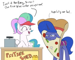 Size: 1280x1024 | Tagged: safe, artist:rocket-lawnchair, character:princess celestia, character:princess luna, species:alicorn, species:pony, g4, advertising, clothing, costume, female, food, food costume, luna is not amused, open mouth, peetzer, pizza, pizza costume, siblings, sisters, unamused, visor