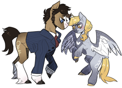Size: 2000x1449 | Tagged: safe, artist:owl-clockwork, character:derpy hooves, character:doctor whooves, character:time turner, species:pony, ship:doctorderpy, g4, alternate design, clothing, female, male, shipping, simple background, straight, white background