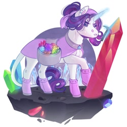 Size: 1080x1080 | Tagged: safe, artist:sadelinav, character:rarity, species:pony, species:unicorn, g4, alternate hairstyle, bag, boots, cape, clothing, crystal, ear piercing, female, floating island, gem, glowing horn, hair bun, headscarf, horn, leonine tail, looking at something, magic, mare, pickaxe, piercing, raised hoof, saddle bag, scarf, shoes, simple background, solo, standing, sweat, telekinesis, white background