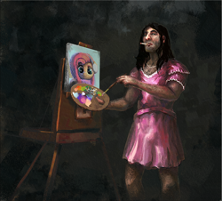 Size: 800x722 | Tagged: safe, artist:nemo2d, character:fluttershy, species:human, g4, clothing, dress, easel, painting, self deprecation, smoking