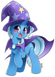 Size: 1000x1398 | Tagged: safe, artist:nekoshiei, artist:ramivic, part of a set, character:trixie, species:pony, species:unicorn, g4, blushing, cape, cloak, clothing, commission, confident, cute, diatrixes, female, hat, looking at you, magician outfit, manga style, mare, one hoof raised, open mouth, simple background, smiling, solo, trixie's cape, trixie's hat, watermark, white background