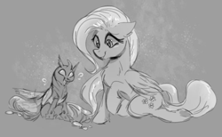 Size: 767x473 | Tagged: safe, artist:zigragirl, character:fluttershy, species:changeling, species:pegasus, species:pony, g4, buggo, cute, cuteling, female, mare, monochrome, nymph, shyabetes, traditional art