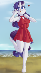 Size: 4320x7680 | Tagged: safe, artist:ev04ka, artist:ev04kaa, rcf community, character:rarity, species:anthro, species:pony, species:unguligrade anthro, species:unicorn, g4, blushing, clothing, dress, floating heart, heart, ocean, solo, standing, standing on one leg, tongue out, underhoof