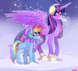 Size: 2364x2139 | Tagged: safe, artist:aaa-its-spook, character:rainbow dash, character:twilight sparkle, character:twilight sparkle (alicorn), species:alicorn, species:pegasus, species:pony, ship:twidash, g4, accessories, blushing, clothing, earmuffs, female, lesbian, scarf, shipping, size difference, snow, snowfall