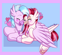 Size: 1109x978 | Tagged: safe, artist:twisted-sketch, character:silverstream, oc, oc:velvet skies, g4, adoraskies, canon x oc, commission, cuddling, cute, diastreamies, eyes closed, female, hug, jewelry, lesbian, necklace, open mouth, shipping, simple background, snuggling, velvestream