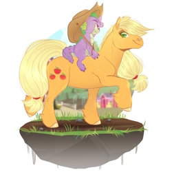 Size: 900x900 | Tagged: safe, artist:sadelinav, character:applejack, character:spike, species:dragon, species:pony, g4, accessory swap, clothing, dragons riding ponies, hat, riding