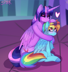 Size: 1560x1653 | Tagged: safe, artist:aaa-its-spook, character:rainbow dash, character:twilight sparkle, character:twilight sparkle (alicorn), species:alicorn, species:pegasus, species:pony, ship:twidash, g4, biting, blushing, ear bite, eyes closed, eyeshadow, female, lesbian, makeup, shipping, sitting, size difference