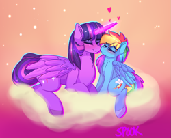 Size: 1611x1304 | Tagged: safe, artist:aaa-its-spook, character:rainbow dash, character:twilight sparkle, character:twilight sparkle (alicorn), species:alicorn, species:pegasus, species:pony, ship:twidash, g4, abstract background, blushing, cloud, eyes closed, female, heart, imminent kissing, lesbian, nuzzling, shipping, size difference