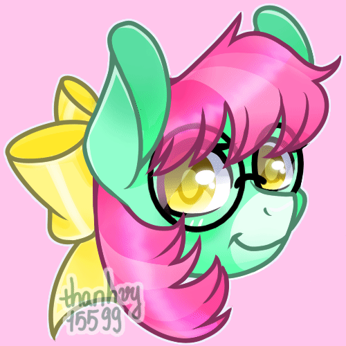 Size: 500x500 | Tagged: safe, artist:thanhvy15599, oc, oc:sweet mint, species:donkey, g4, animated, blinking, bow, commission, female, gif, glasses, icon, pink background, pink hair, simple background, solo, yellow eyes