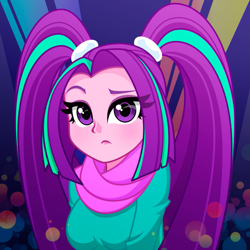 Size: 905x905 | Tagged: safe, artist:rosemile mulberry, character:aria blaze, species:eqg human, g4, my little pony:equestria girls, ariabetes, blushing, bust, clothing, cute, female, moe, pigtails, raised eyebrow, scarf, solo, transparent hair, twintails