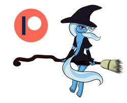 Size: 1024x833 | Tagged: safe, artist:tunrae, character:trixie, species:anthro, species:pony, species:unguligrade anthro, species:unicorn, g4, bedroom eyes, broom, clothing, female, gloves, hat, looking at you, looking back, looking back at you, looking over shoulder, patreon, patreon logo, simple background, solo, stupid sexy trixie, transparent background, witch, witch hat