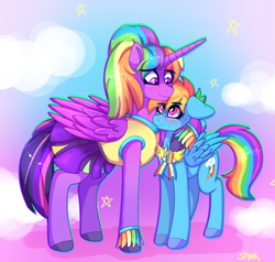 Size: 1974x1881 | Tagged: safe, artist:aaa-its-spook, character:rainbow dash, character:twilight sparkle, character:twilight sparkle (alicorn), species:alicorn, species:pegasus, species:pony, ship:twidash, episode:rainbow falls, g4, my little pony: friendship is magic, blushing, cheerleader, cheerleader outfit, cheerleader sparkle, clothing, female, hoof around neck, lesbian, shipping, size difference, wig