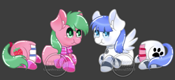 Size: 1657x765 | Tagged: safe, artist:thanhvy15599, oc, oc only, oc:pine berry, oc:snow pup, species:earth pony, species:pegasus, species:pony, g4, bisection, blue eyes, cake, chibi, clothing, collar, commission, earth pony oc, everything is cake, food, gray background, green eyes, half, modular, obtrusive watermark, pegasus oc, scarf, simple background, socks, striped socks, watermark, wings, ych sketch, your character here