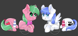 Size: 1657x765 | Tagged: safe, alternate version, artist:thanhvy15599, oc, oc only, oc:pine berry, oc:snow pup, species:earth pony, species:pegasus, species:pony, g4, bisection, blue eyes, cake, chibi, clothing, collar, commission, earth pony oc, everything is cake, food, gray background, green eyes, half, modular, pegasus oc, scarf, simple background, wings, ych sketch, your character here