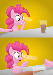 Size: 2101x3000 | Tagged: safe, artist:bladedragoon7575, character:pinkie pie, species:earth pony, species:pony, g4, chocolate, chocolate milk, everything is ruined, exploitable meme, female, fourth wall, giggling, mare, meme, milk, pinkie being pinkie, pinkie logic, pure unfiltered evil, simple background, spilled milk, surprised, xk-class end-of-the-world scenario, yellow background