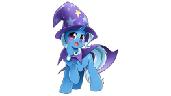 Size: 1279x720 | Tagged: safe, artist:nekoshiei, artist:ramivic, edit, editor:murderminer77, character:trixie, species:pony, species:unicorn, g4, blushing, cape, cloak, clothing, confident, cute, diatrixes, female, hat, looking at you, magician outfit, manga style, mare, one hoof raised, open mouth, simple background, smiling, solo, trixie's cape, trixie's hat, wallpaper, wallpaper edit, watermark, white background