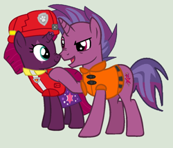 Size: 992x854 | Tagged: safe, artist:jadethepegasus, character:fizzlepop berrytwist, character:tempest shadow, oc, oc:transparent (tempest's father), series:sprglitemplight diary, series:sprglitemplight life jacket days, series:springshadowdrops diary, series:springshadowdrops life jacket days, g4, alternate universe, boop, clothing, father and child, father and daughter, female, lifejacket, male, marshall (paw patrol), noseboop, paw patrol