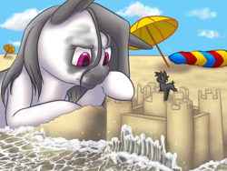 Size: 1600x1200 | Tagged: safe, artist:causticeichor, oc, oc:inkenel, oc:oretha, species:pony, g4, attack on pony, attack on titan, beach, blob, colossal titan, eren jaeger, macro, micro, sandcastle, size difference