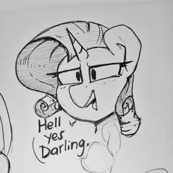 Size: 3120x3120 | Tagged: safe, artist:perezadotarts, character:rarity, species:pony, species:unicorn, g4, female, lineart, paper, photo, sketch, solo, talking, text, traditional art
