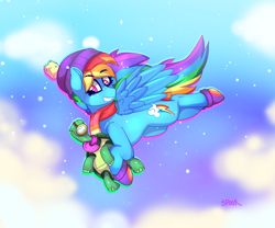 Size: 2382x1980 | Tagged: safe, artist:aaa-its-spook, character:rainbow dash, character:tank, species:pegasus, species:pony, g4, backwards cutie mark, clothing, cloud, female, flying, male, mare, scarf, sky, snow, snowfall, tortoise, winter