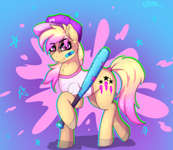 Size: 2322x2013 | Tagged: safe, artist:aaa-its-spook, oc, oc:cam, species:earth pony, species:pony, g4, accessories, baseball bat, clothing, female, mare, shirt