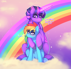 Size: 1592x1560 | Tagged: safe, artist:aaa-its-spook, character:rainbow dash, character:twilight sparkle, character:twilight sparkle (alicorn), species:alicorn, species:pegasus, species:pony, ship:twidash, g4, cloud, female, lesbian, rainbow, shipping, size difference
