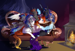 Size: 1600x1080 | Tagged: safe, artist:bunnari, oc, oc only, oc:phobos, species:alicorn, species:changeling, species:pony, g4, couch, female, fireplace, magic, mare