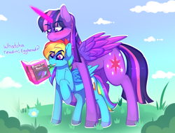 Size: 2397x1830 | Tagged: safe, artist:aaa-its-spook, character:rainbow dash, character:twilight sparkle, species:alicorn, species:pegasus, species:pony, ship:twidash, g4, blushing, book, caught red hooved, female, lesbian, magic, reading, shipping, size difference