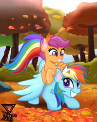 Size: 2900x3648 | Tagged: safe, artist:theretroart88, character:rainbow dash, character:scootaloo, species:pegasus, species:pony, g4, autumn, cute, cutealoo, dashabetes, duo, high res, leaves, scootalove, smiling, tree
