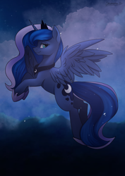 Size: 2894x4093 | Tagged: safe, artist:chickenbrony, character:princess luna, species:alicorn, species:pony, g4, cloud, female, flying, happy birthday mlp:fim, jewelry, looking at you, mare, mlp fim's tenth anniversary, night, profile, regalia, sky, smiling, solo