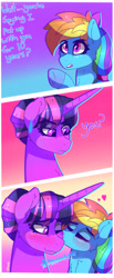 Size: 910x2208 | Tagged: safe, artist:aaa-its-spook, character:rainbow dash, character:twilight sparkle, species:alicorn, species:pegasus, species:pony, ship:twidash, g4, alternate hairstyle, annoyed, blushing, cheek fluff, comic, cute, dashabetes, dialogue, eyelashes, eyes closed, female, floating heart, hair bun, happy birthday mlp:fim, heart, horn, kiss on the cheek, kissing, lesbian, long horn, mlp fim's tenth anniversary, neck fluff, one eye closed, onomatopoeia, ponytail, sarcasm, shipping, smooch, sound effects, twiabetes, wavy mouth