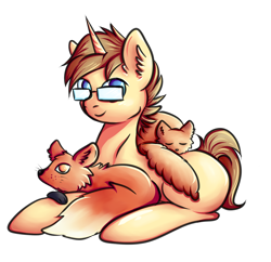 Size: 1688x1635 | Tagged: safe, artist:coco-drillo, oc, oc only, species:fox, species:pony, species:unicorn, g4, cat, ear fluff, glasses, horn, looking at you, lying down, male, no pupils, simple background, smiling, solo, stallion, transparent background, unicorn oc