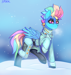Size: 1676x1766 | Tagged: safe, artist:aaa-its-spook, character:rainbow dash, species:pegasus, species:pony, g4, clothing, fallout, female, snow, solo, uniform