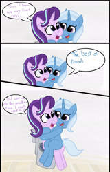 Size: 1379x2158 | Tagged: safe, artist:rusticanon, character:starlight glimmer, character:trixie, species:pony, species:unicorn, g4, but why, comic, dialogue, female, hug, inconvenient trixie, missing cutie mark, speech bubble, toilet
