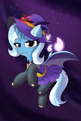 Size: 2362x3543 | Tagged: safe, artist:jubyskylines, character:trixie, species:bat pony, g4, alicorn amulet, clothing, costume, cute, cute little fangs, diatrixes, fangs, solo