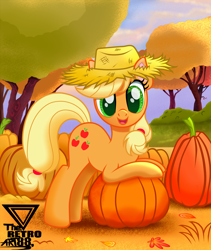 Size: 3000x3562 | Tagged: safe, artist:theretroart88, character:applejack, species:earth pony, species:pony, g4, autumn, cute, cutie mark, female, halloween, high res, holiday, jackabetes, looking at you, mare, open mouth, pumpkin, solo, tree
