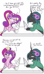 Size: 1280x2176 | Tagged: safe, artist:rocket-lawnchair, character:princess cadance, character:queen chrysalis, species:alicorn, species:changeling, species:pony, g4, changeling queen, clothing, comic, eyes closed, female, frown, glare, grin, headphones, implied shining armor, lidded eyes, looking up, mare, microphone, open mouth, podcast, smiling, sweater, unamused