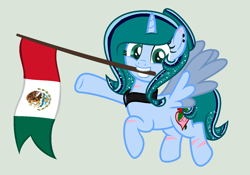 Size: 1410x988 | Tagged: safe, artist:lominicinfinity, oc, oc:infinity mi rosalinda, species:alicorn, species:pony, g4, female, flag, mare, mexico, mouth hold, simple background, solo