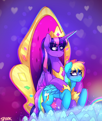 Size: 1428x1704 | Tagged: safe, artist:aaa-its-spook, character:rainbow dash, character:twilight sparkle, character:twilight sparkle (alicorn), species:alicorn, species:pegasus, species:pony, ship:twidash, g4, female, lesbian, luna petting goose, shipping, sitting on lap, size difference, teasing, ultimate twilight