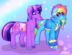 Size: 1452x1118 | Tagged: safe, artist:aaa-its-spook, character:rainbow dash, character:twilight sparkle, character:twilight sparkle (unicorn), species:pegasus, species:pony, species:unicorn, ship:twidash, g4, bag, bandage, clothing, female, hoodie, lesbian, saddle bag, shipping